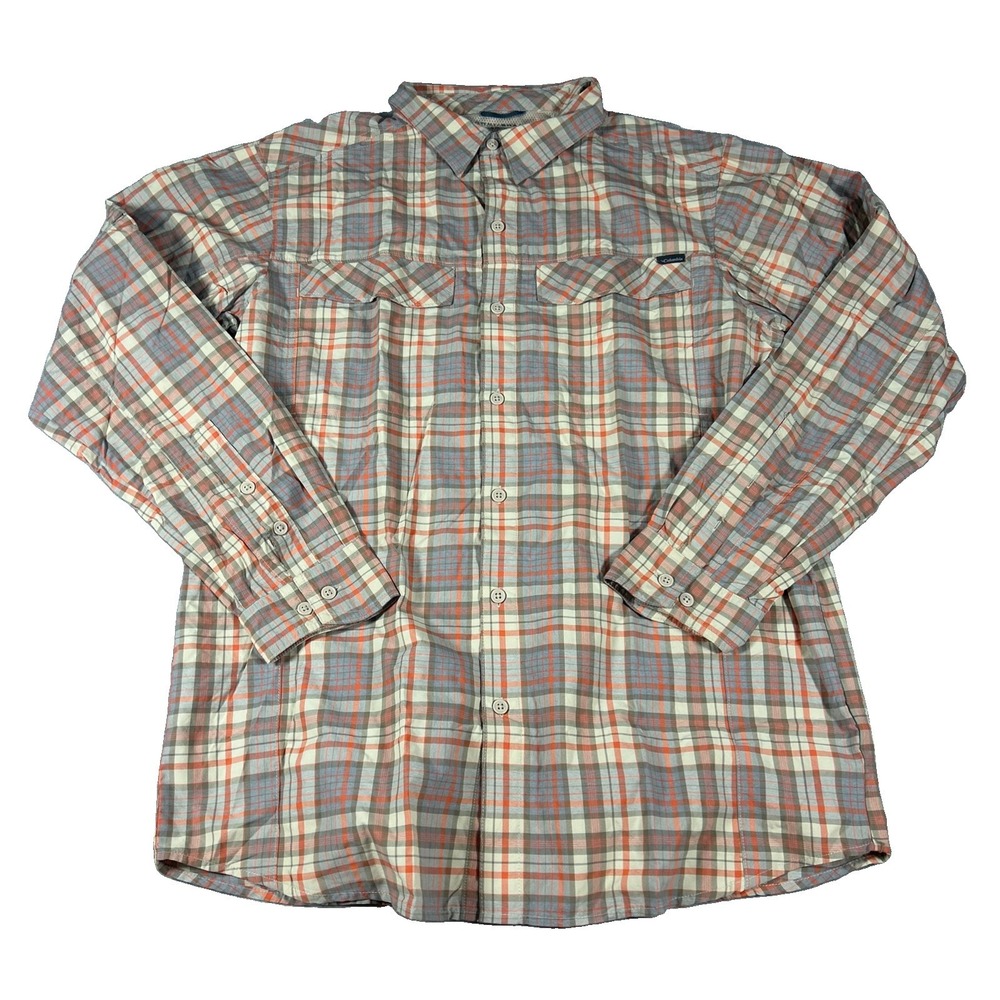 Columbia Mens Plaid Button Up Shirt Large Long Sleeve Blue Orange Cotton Outdoor
